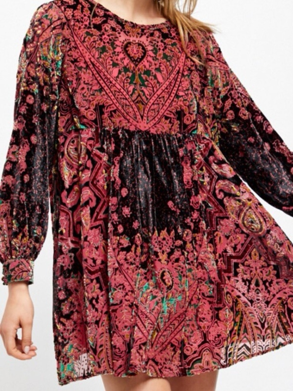 Free People Mirror Mirror Velvet Mini Dress XS Burgundy Paisley Boho Burnout